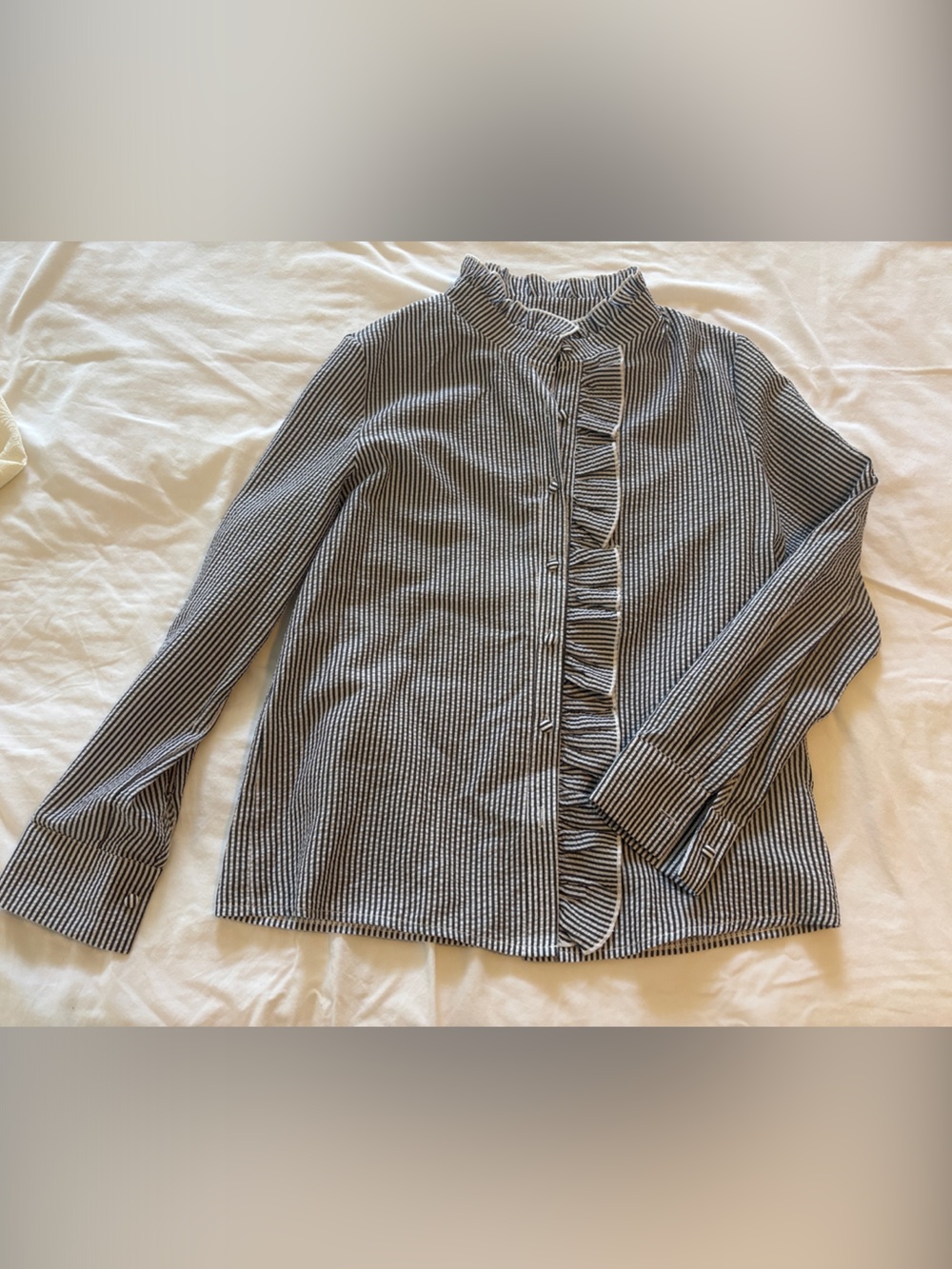 Striped Ruffle-Front Button Down Seersucker Blouse - Dark grey & White